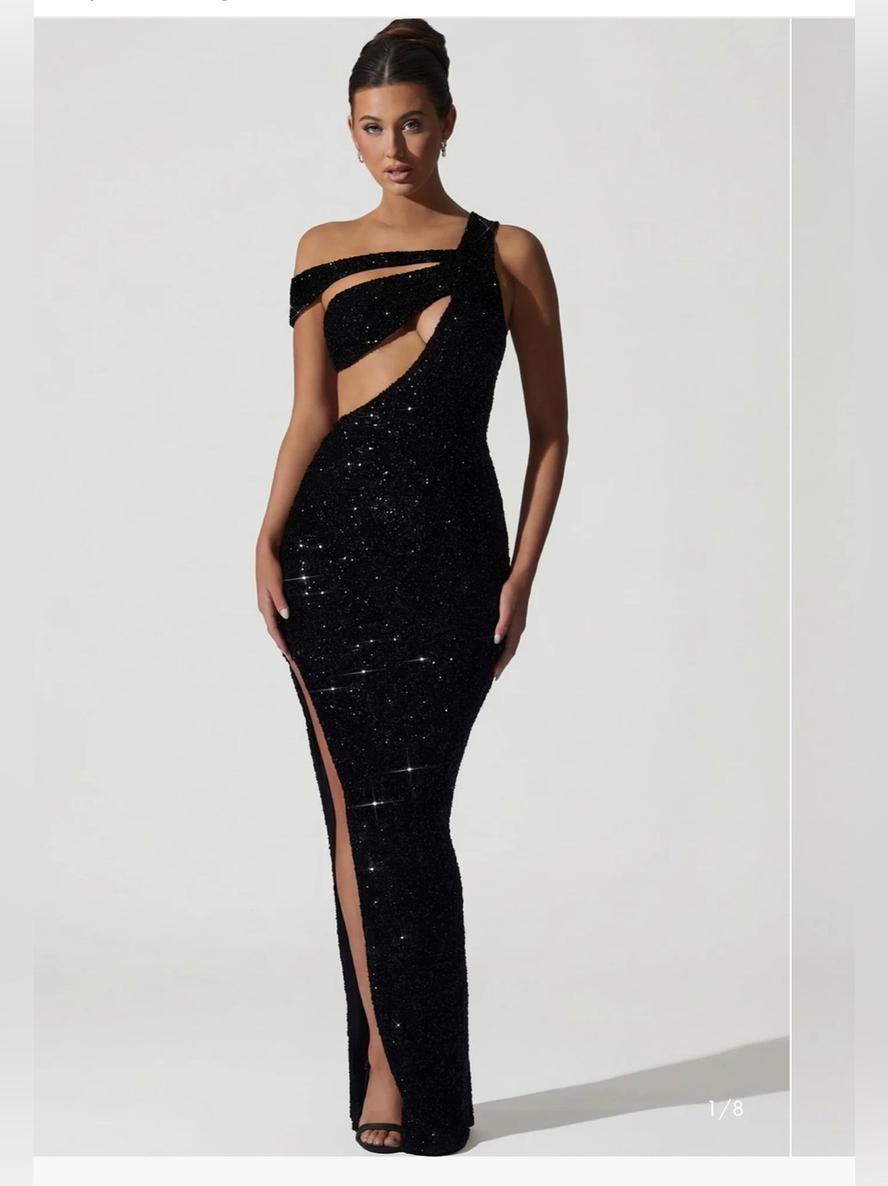 Oh Polly Persephone Sequin Gown Black One Shoulder Cutout Sz 8 NWT
